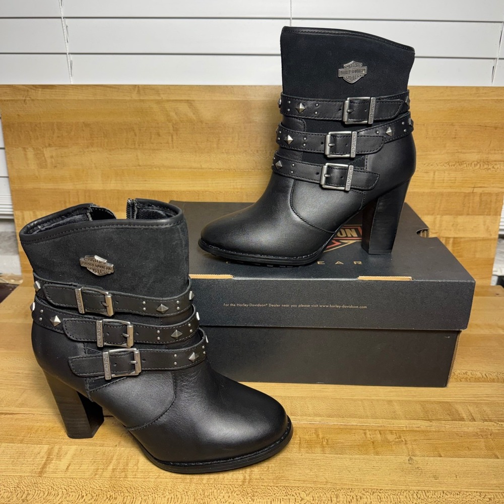 New Harley-Davidson Abbey Black Studded 3 Buckle Heeled Ankle Boots Womens 6